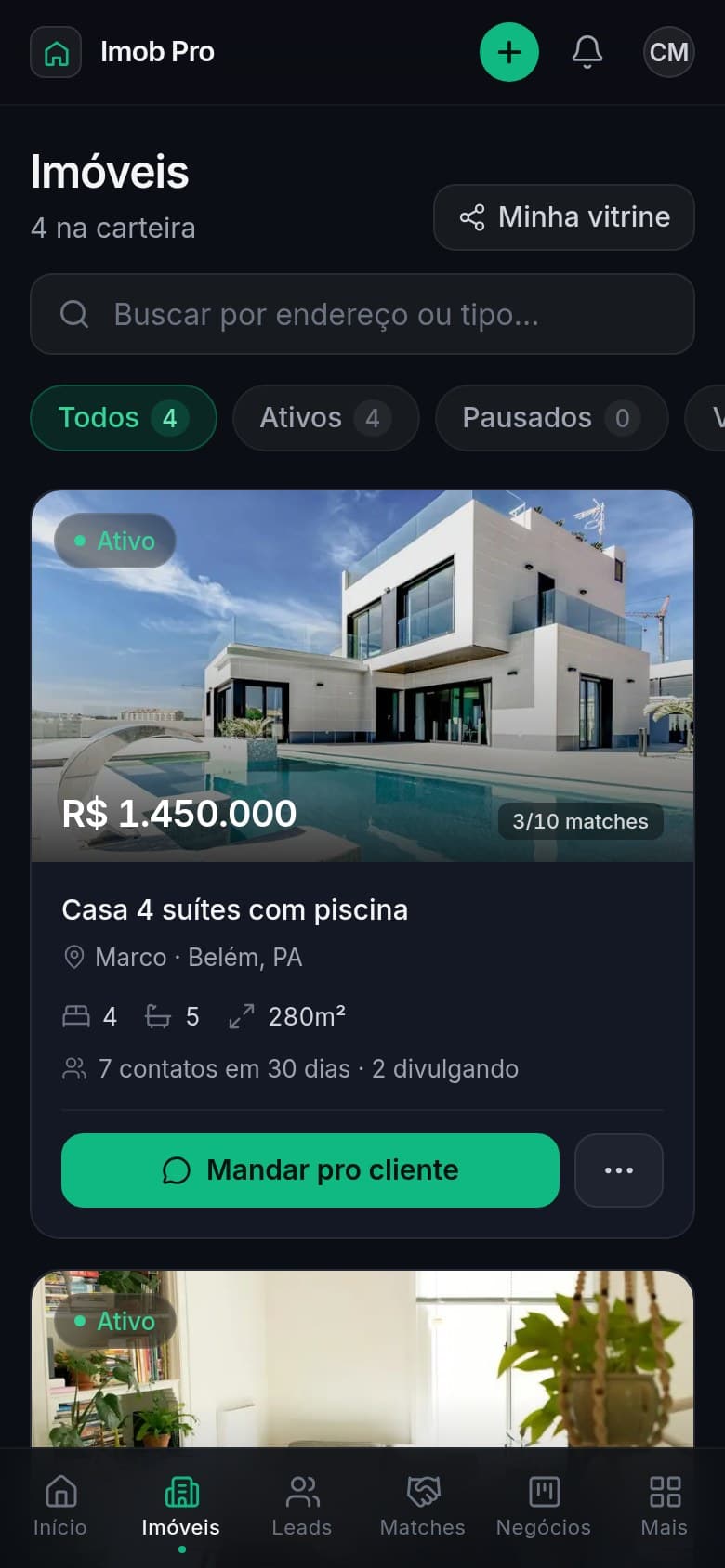 Tela da carteira de imóveis do Imob Pro