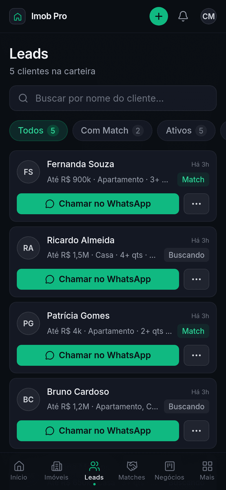 Tela do CRM de leads do Imob Pro